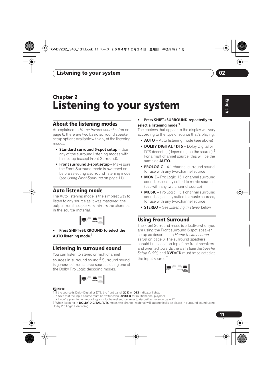 Listening to your system, Listening to your system 02, Chapter 2 | About the listening modes, Auto listening mode, Listening in surround sound, Using front surround | Pioneer DCS-240 User Manual | Page 11 / 44