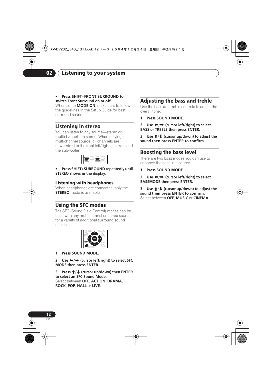 Listening to your system 02, Listening in stereo, Using the sfc modes | Adjusting the bass and treble, Boosting the bass level | Pioneer DCS-240 User Manual | Page 12 / 44