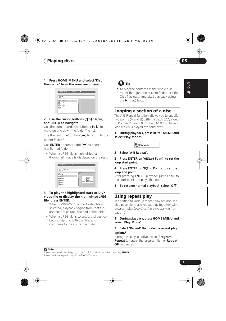 Playing discs 03, Using repeat play | Pioneer DCS-240 User Manual | Page 15 / 44