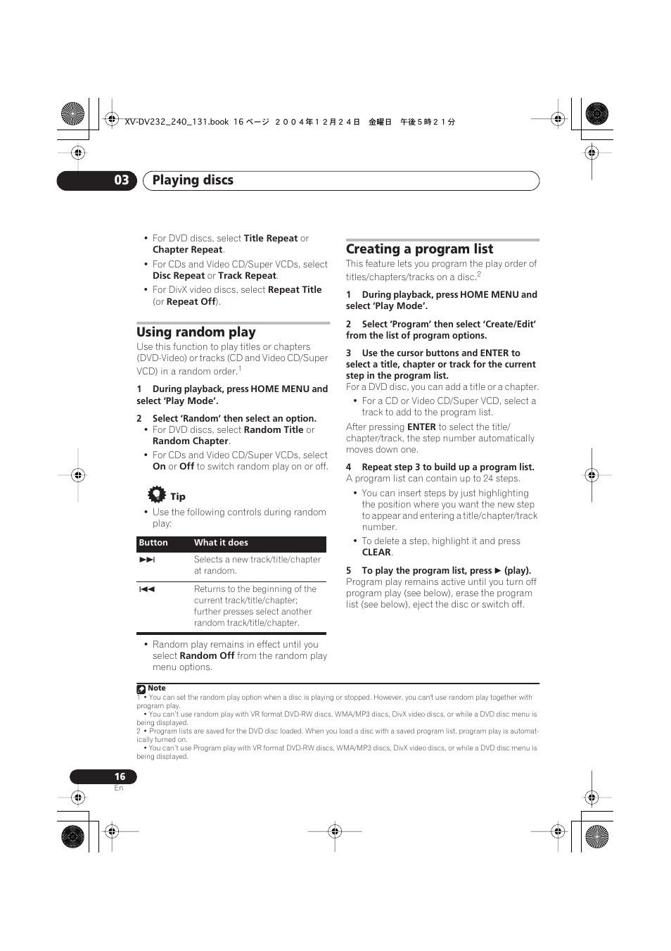 Playing discs 03, Using random play, Creating a program list | Pioneer DCS-240 User Manual | Page 16 / 44