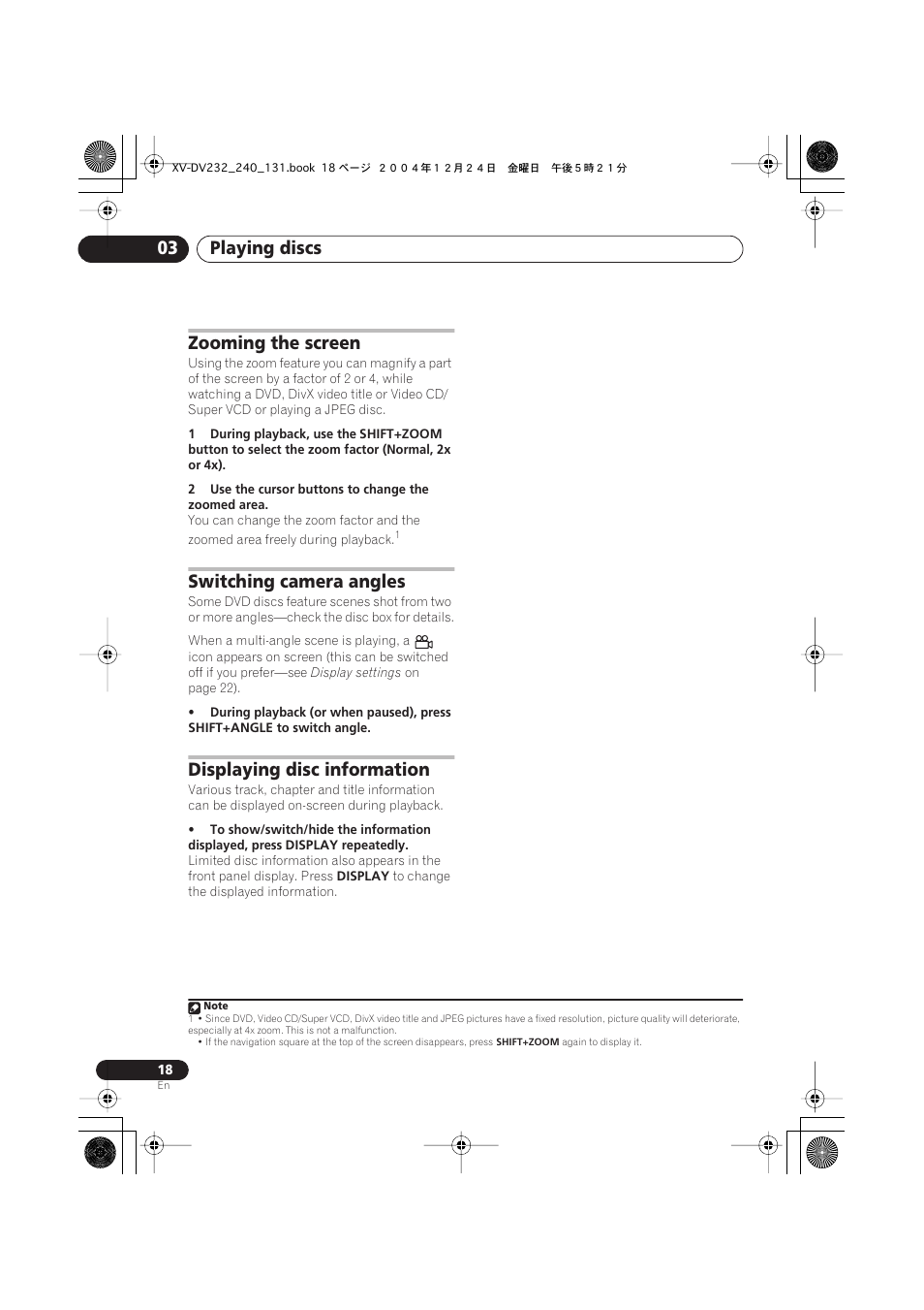 Playing discs 03, Zooming the screen, Switching camera angles | Displaying disc information | Pioneer DCS-240 User Manual | Page 18 / 44