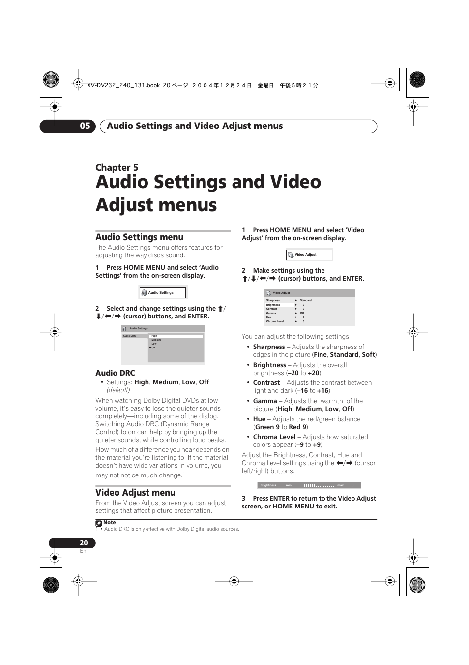 Audio settings and video adjust menus, Audio settings and video adjust menus 05, Chapter 5 | Audio settings menu, Video adjust menu | Pioneer DCS-240 User Manual | Page 20 / 44