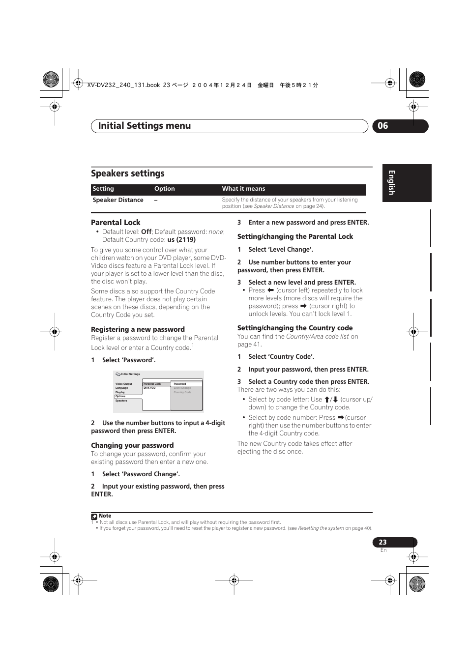 Initial settings menu 06, Speakers settings, Parental lock | Pioneer DCS-240 User Manual | Page 23 / 44