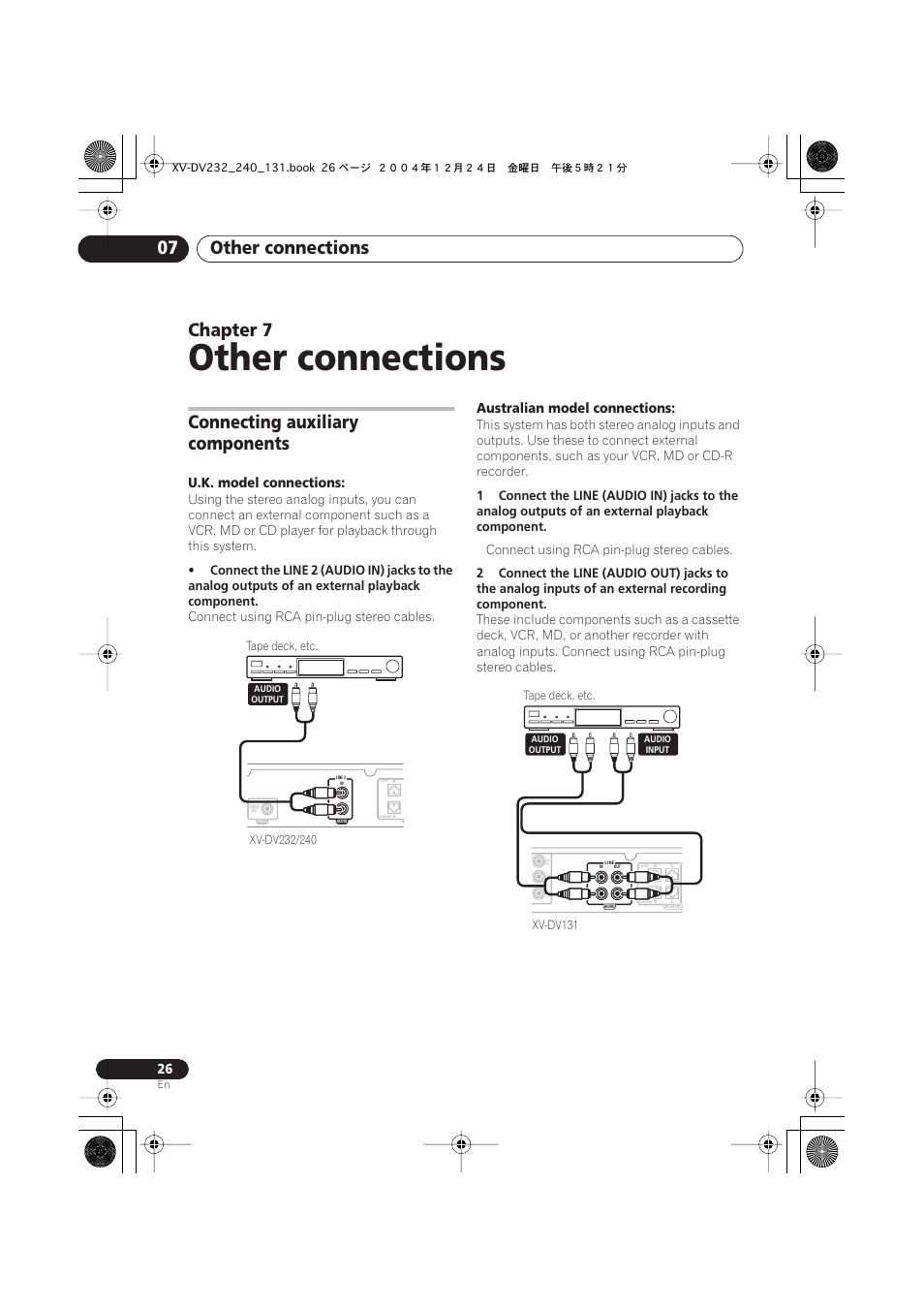 Other connections, Other connections 07, Chapter 7 | Connecting auxiliary components, U.k. model connections, Australian model connections | Pioneer DCS-240 User Manual | Page 26 / 44