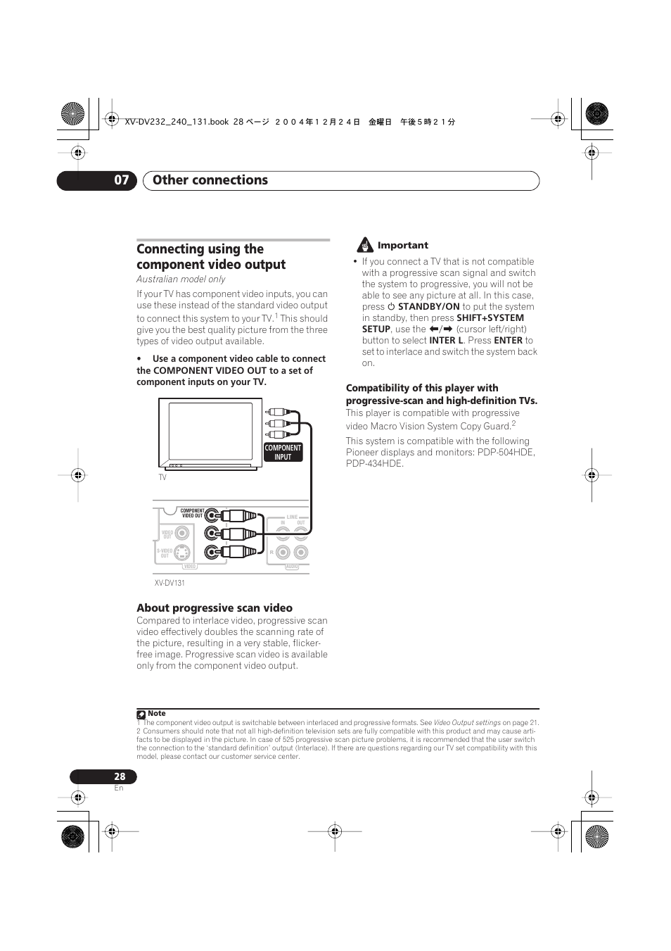 Connecting using the component video output, About progressive scan video, Other connections 07 | Pioneer DCS-240 User Manual | Page 28 / 44