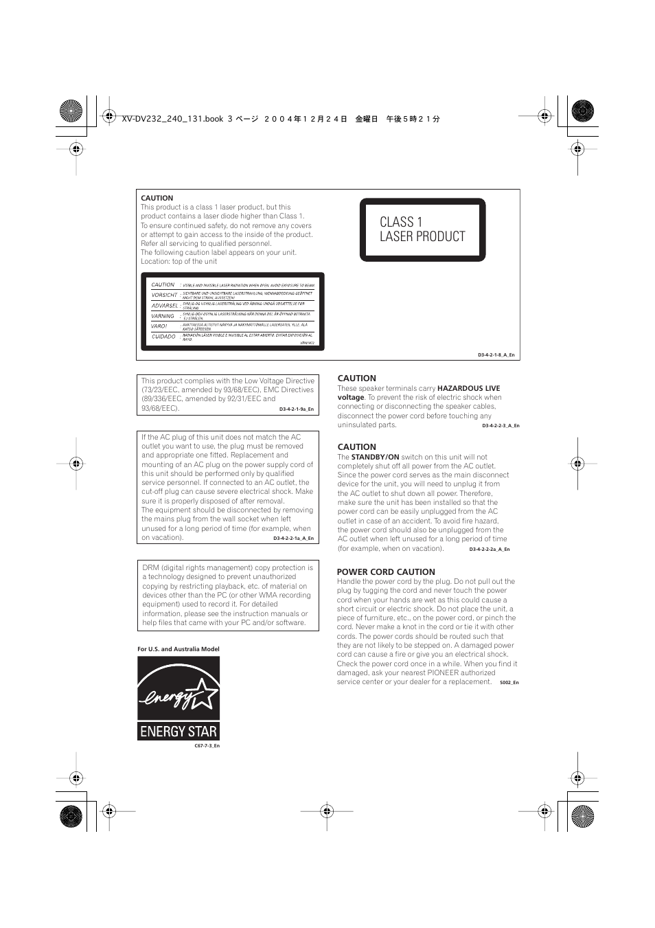 Class 1 laser product | Pioneer DCS-240 User Manual | Page 3 / 44