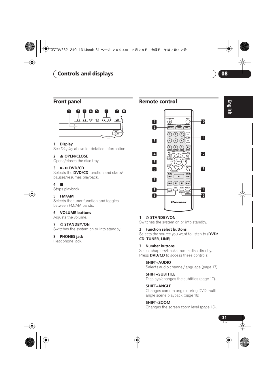 Front panel, Remote control, Controls and displays 08 | Pioneer DCS-240 User Manual | Page 31 / 44