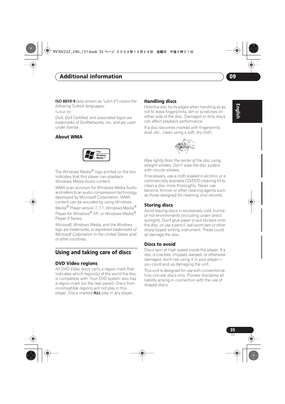 About wma, Using and taking care of discs, Dvd video regions | Handling discs, Storing discs, Discs to avoid, Additional information 09 | Pioneer DCS-240 User Manual | Page 35 / 44