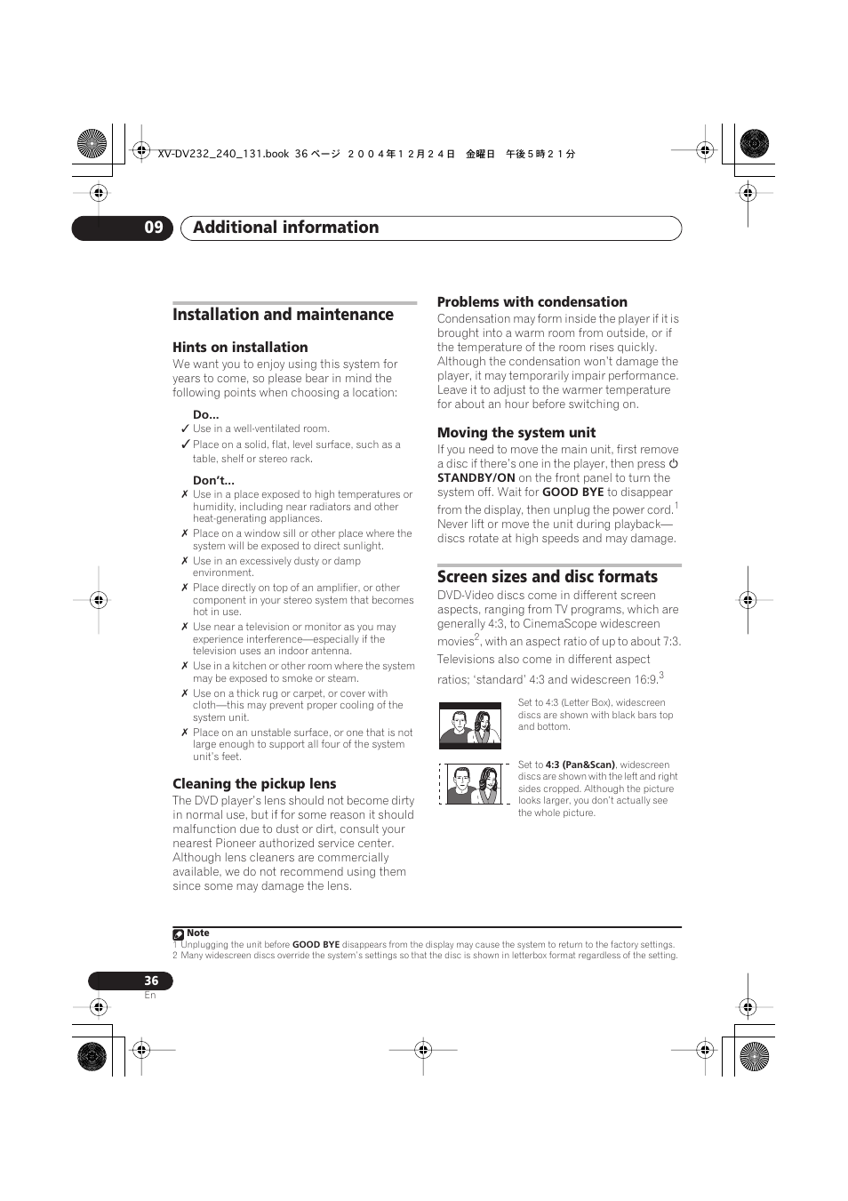 Installation and maintenance, Hints on installation, Cleaning the pickup lens | Problems with condensation, Moving the system unit, Screen sizes and disc formats, Additional information 09 | Pioneer DCS-240 User Manual | Page 36 / 44