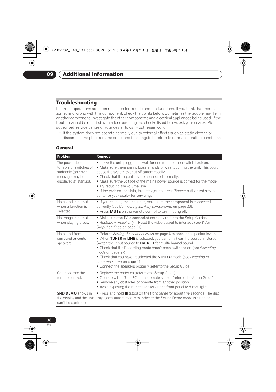 Troubleshooting, General, Additional information 09 | Pioneer DCS-240 User Manual | Page 38 / 44