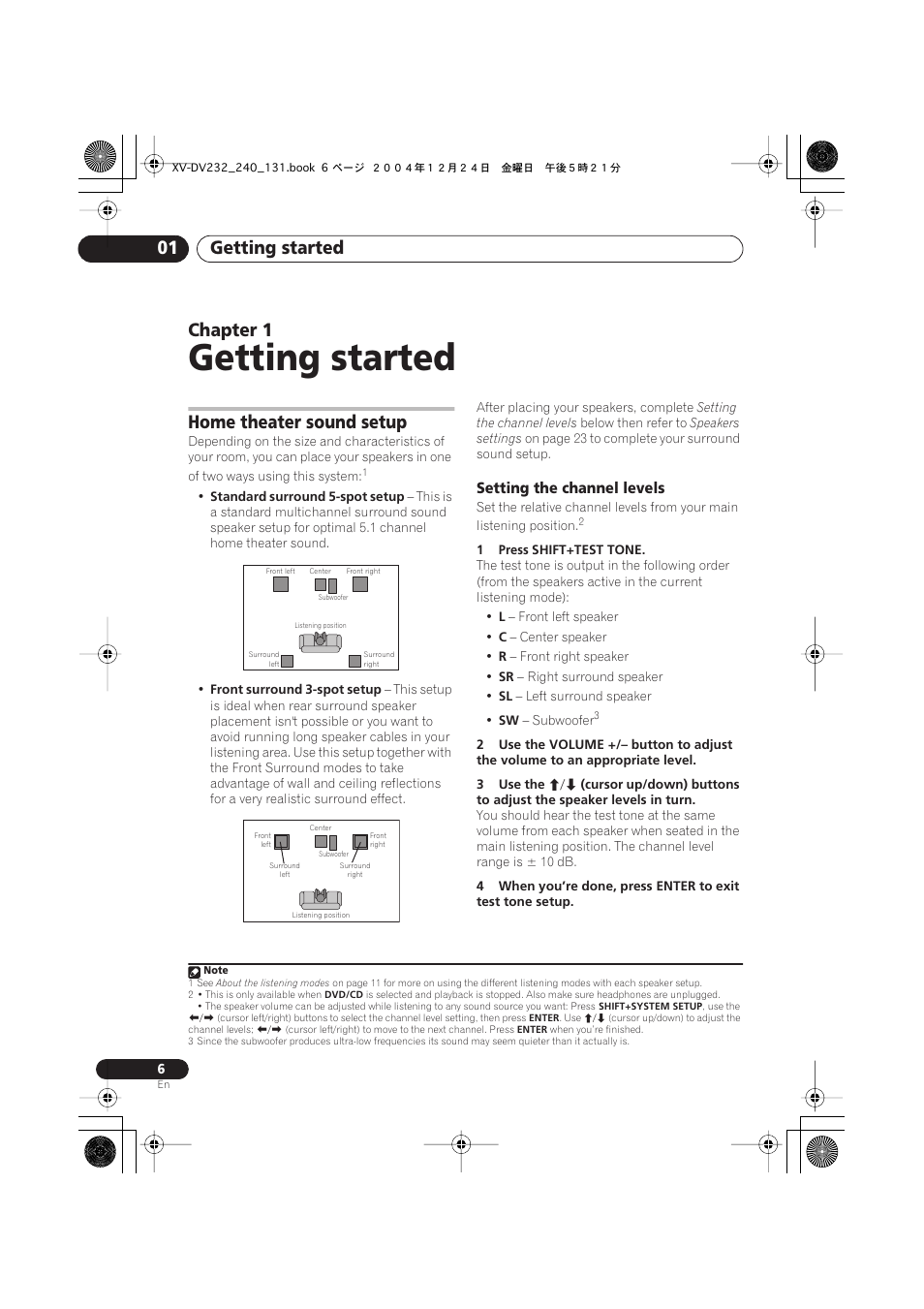 Getting started, Getting started 01, Chapter 1 | Home theater sound setup, Setting the channel levels | Pioneer DCS-240 User Manual | Page 6 / 44