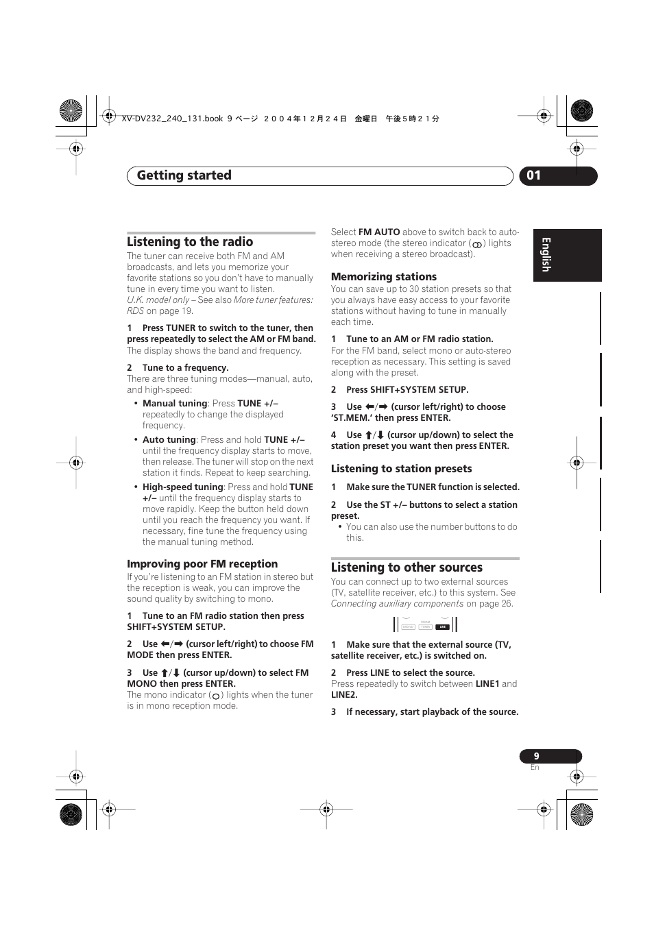 Getting started 01, Listening to the radio, Listening to other sources | Pioneer DCS-240 User Manual | Page 9 / 44