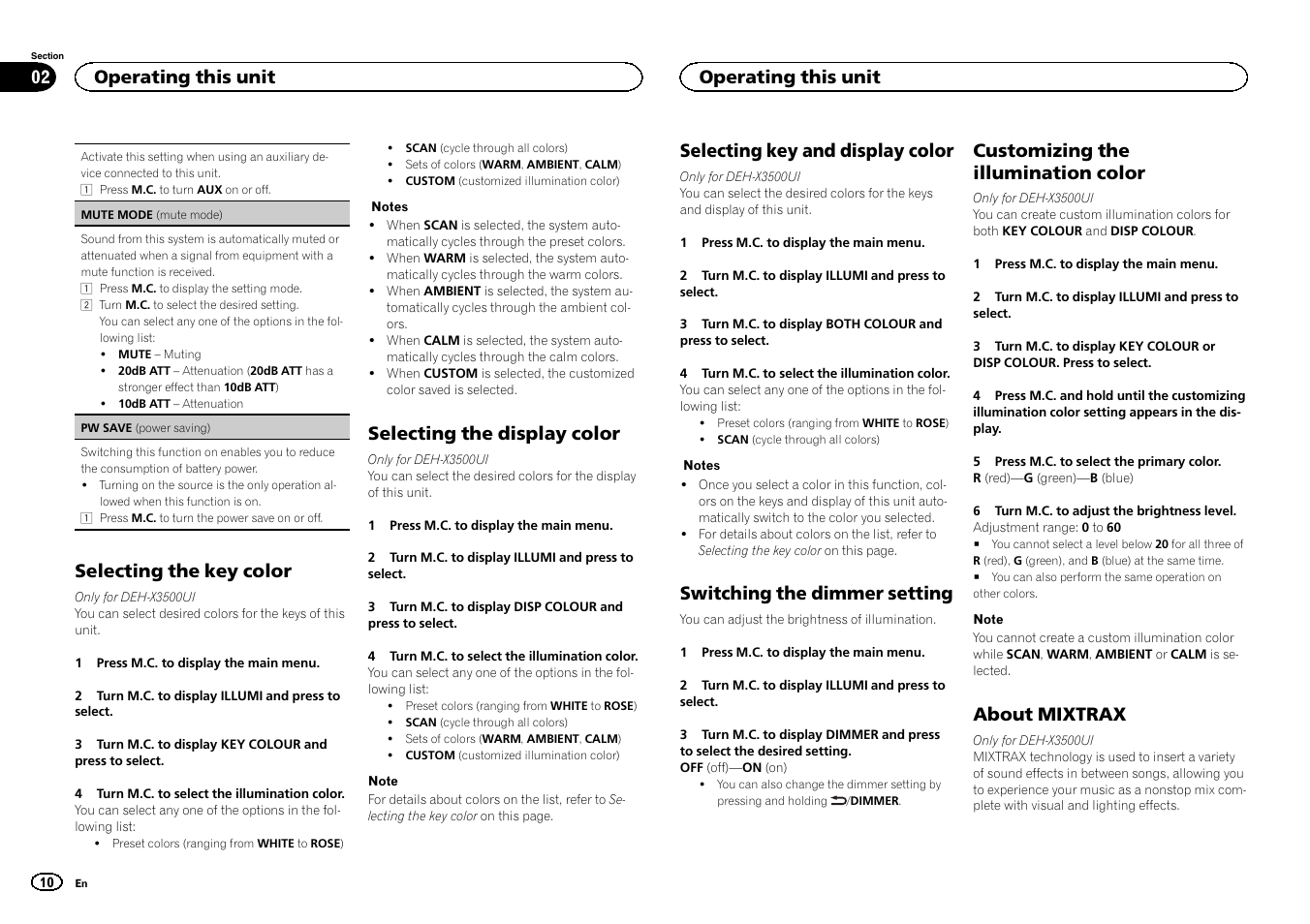 Selecting the key color, Selecting the display color, Selecting key and display color | Switching the dimmer setting, Customizing the illumination color, About mixtrax, Operating this unit | Pioneer DEH-X3500UI User Manual | Page 10 / 144