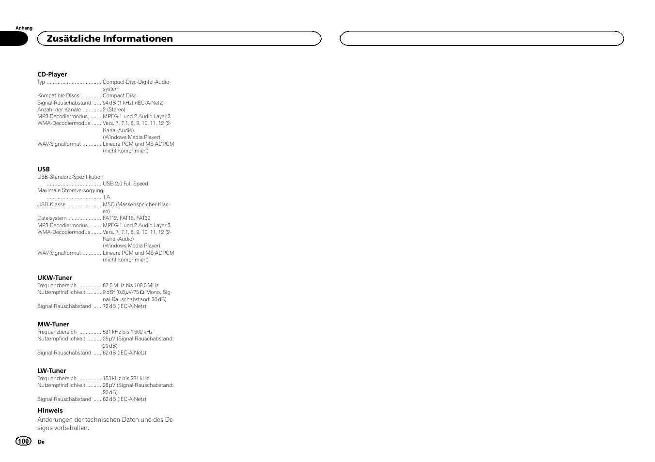 Zusätzliche informationen | Pioneer DEH-X3500UI User Manual | Page 100 / 144