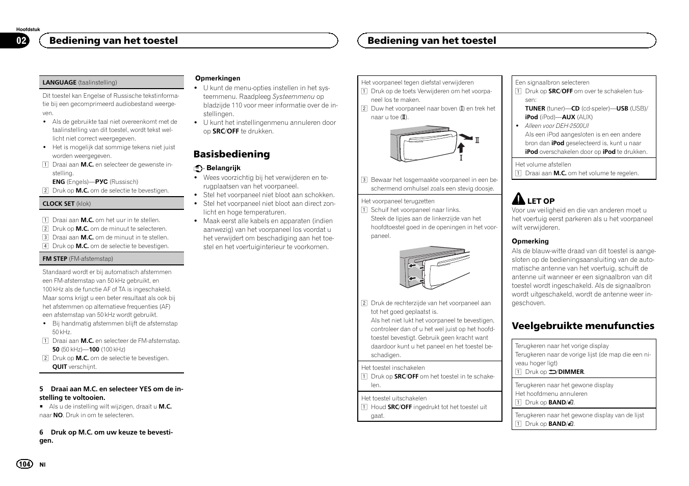 Basisbediening, Veelgebruikte menufuncties, Bediening van het toestel | Pioneer DEH-X3500UI User Manual | Page 104 / 144