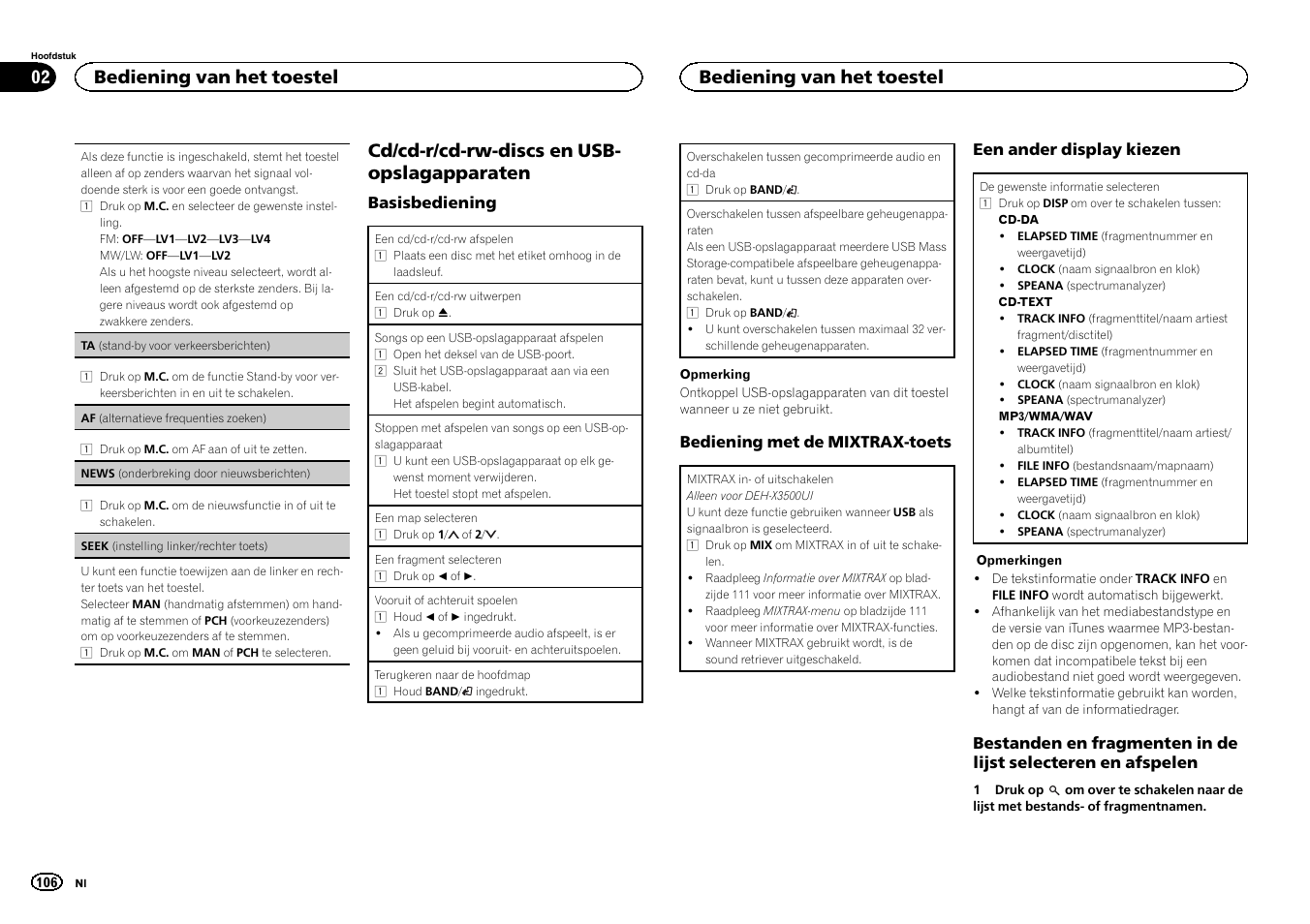 Seek (instelling linker/rechter toets) op, De volgende bladzijde, Seek (instelling linker/rechter | Toets) op de volgende bladzijde, Af (alternatieve frequenties zoeken) op de, Volgende bladzijde), Cd/cd-r/cd-rw-discs en usb- opslagapparaten, Bediening van het toestel | Pioneer DEH-X3500UI User Manual | Page 106 / 144