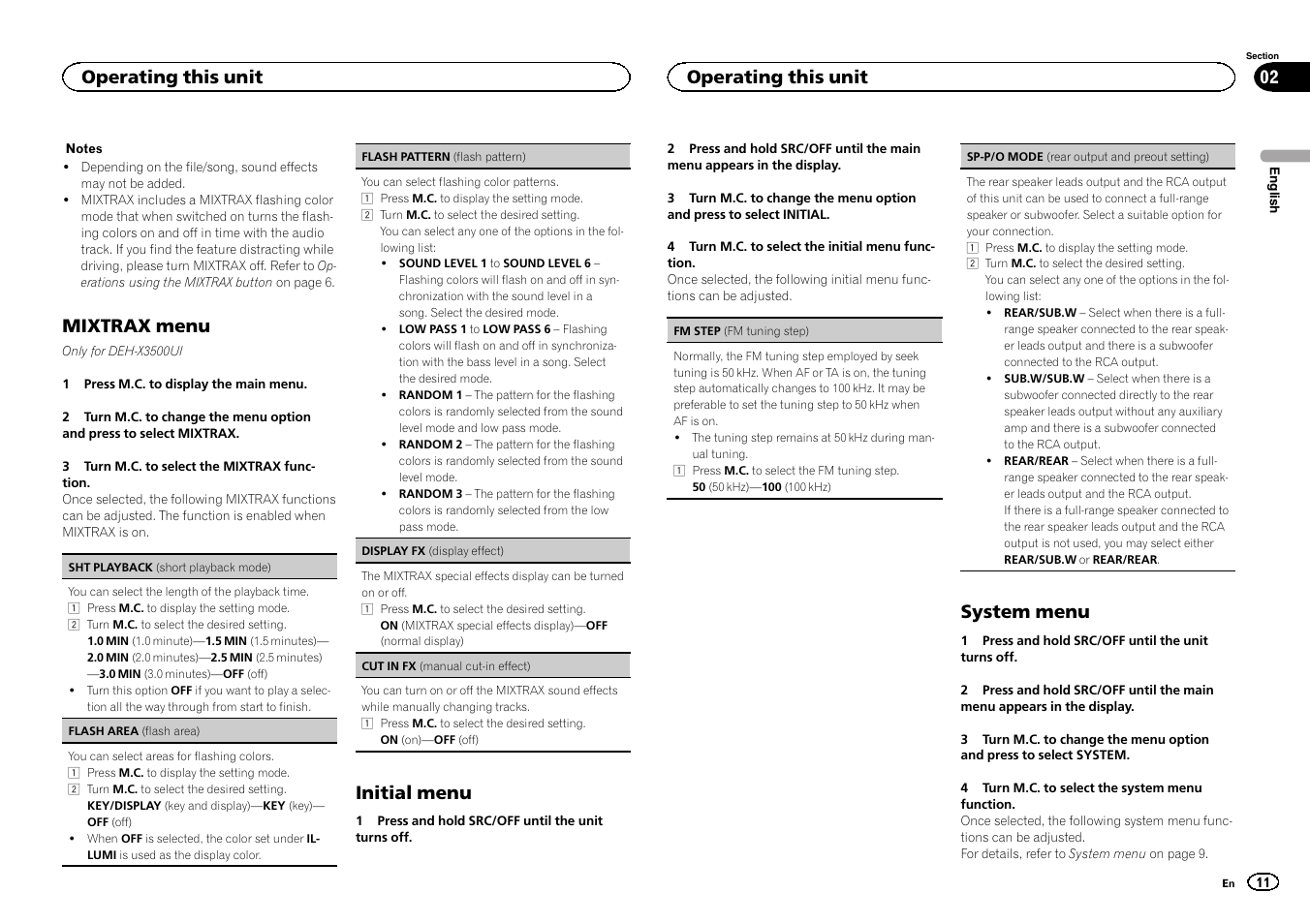 Sp-p/o mode (rear output and preout set, Mixtrax menu, Initial menu | System menu, Operating this unit | Pioneer DEH-X3500UI User Manual | Page 11 / 144