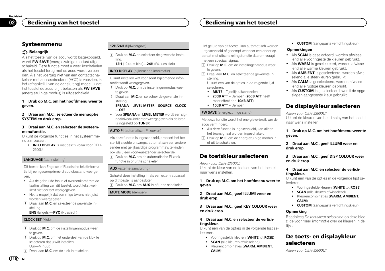 Systeemmenu, De toetskleur selecteren, De displaykleur selecteren | De toets- en displaykleur selecteren, Bediening van het toestel | Pioneer DEH-X3500UI User Manual | Page 110 / 144