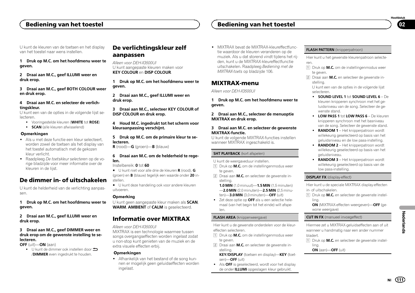 Informatie over mixtrax op blad, Zijde 111, Mixtrax-menu op bladzijde 111 | De dimmer in- of uitschakelen, De verlichtingskleur zelf aanpassen, Informatie over mixtrax, Mixtrax-menu, Bediening van het toestel | Pioneer DEH-X3500UI User Manual | Page 111 / 144