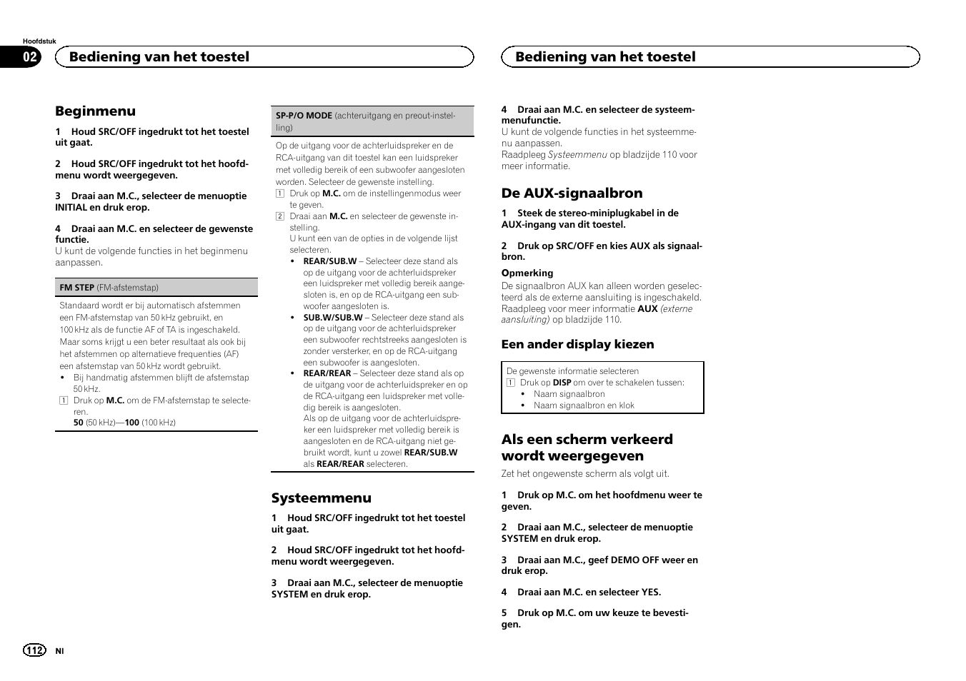 Sp-p/o mode (achteruitgang en, Preout-instelling) op bladzijde 112, Sp-p/o mode (achter | Uitgang en preout-instelling) op bladzijde 112, Beginmenu, Systeemmenu, De aux-signaalbron, Als een scherm verkeerd wordt weergegeven, Bediening van het toestel | Pioneer DEH-X3500UI User Manual | Page 112 / 144