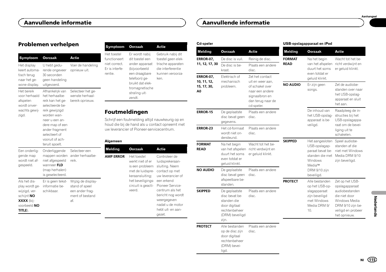 Problemen verhelpen, Foutmeldingen, Aanvullende informatie | Pioneer DEH-X3500UI User Manual | Page 115 / 144