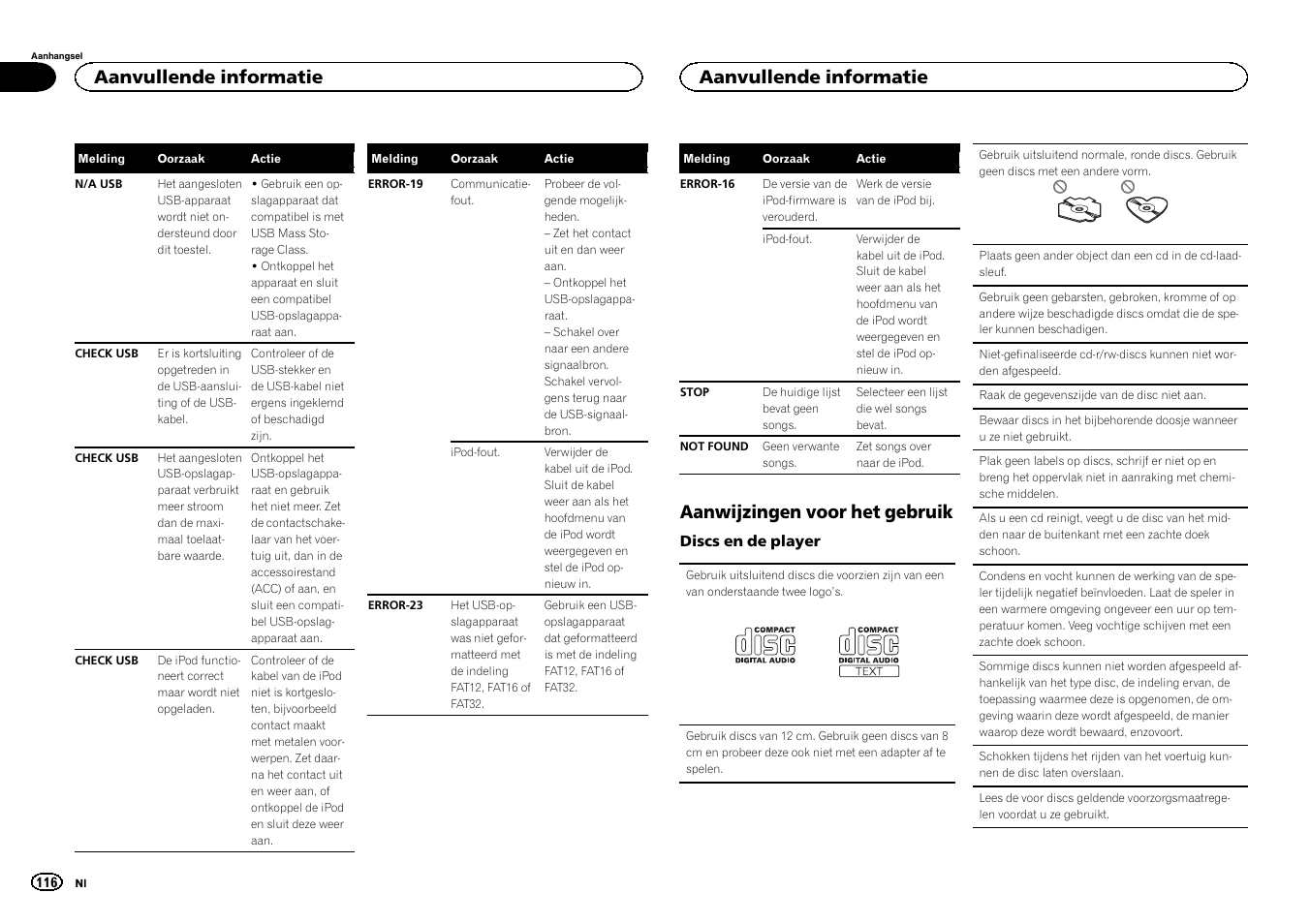 Aanwijzingen voor het gebruik, Aanvullende informatie | Pioneer DEH-X3500UI User Manual | Page 116 / 144