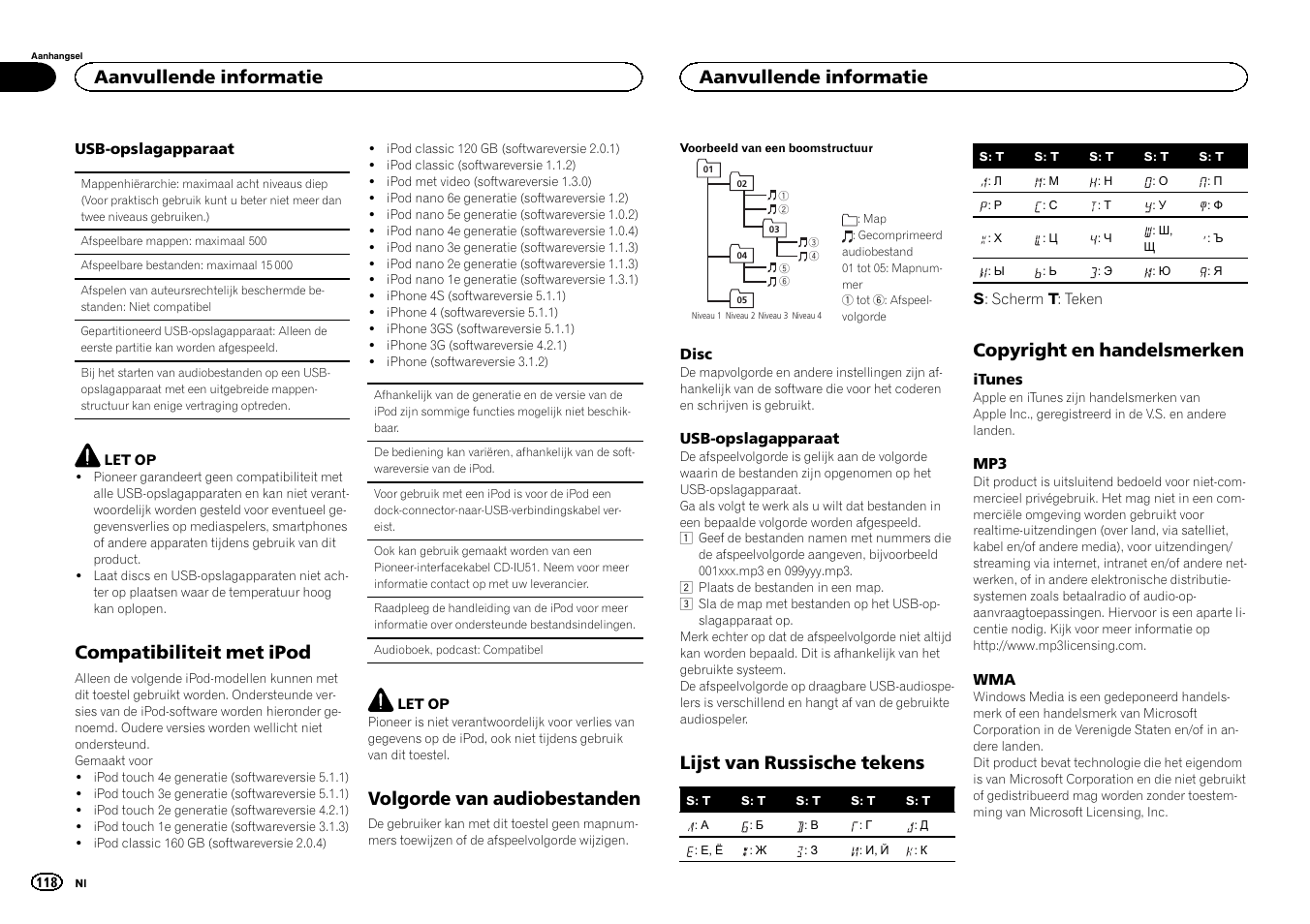 Compatibiliteit met ipod, Volgorde van audiobestanden, Lijst van russische tekens | Copyright en handelsmerken, Aanvullende informatie | Pioneer DEH-X3500UI User Manual | Page 118 / 144