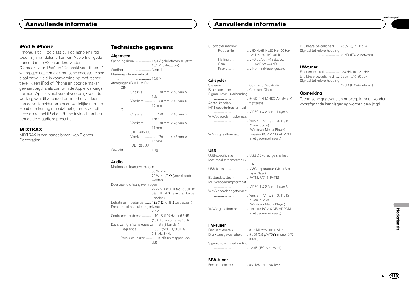 Technische gegevens, Aanvullende informatie, Ipod & iphone | Mixtrax | Pioneer DEH-X3500UI User Manual | Page 119 / 144