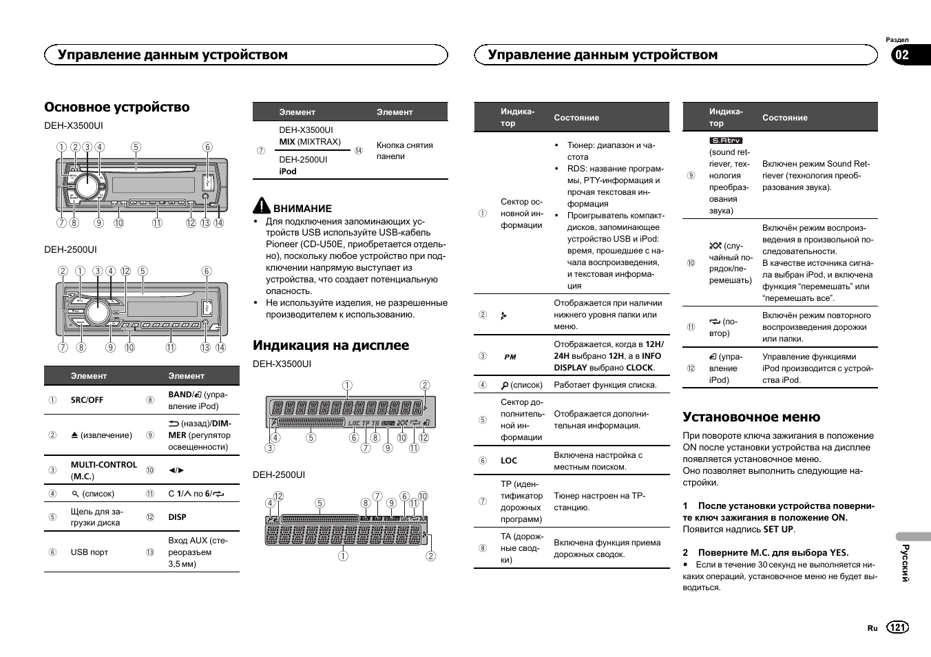 Основное устройство, Индикация на дисплее, Установочное меню | Управление данным устройством | Pioneer DEH-X3500UI User Manual | Page 121 / 144