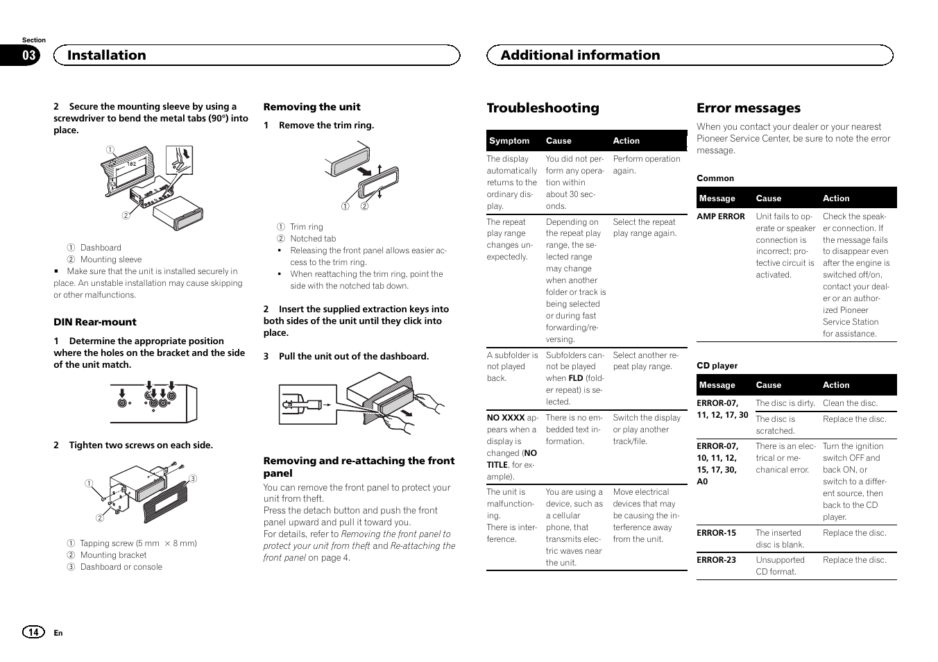 Troubleshooting, Error messages, Installation | Additional information | Pioneer DEH-X3500UI User Manual | Page 14 / 144