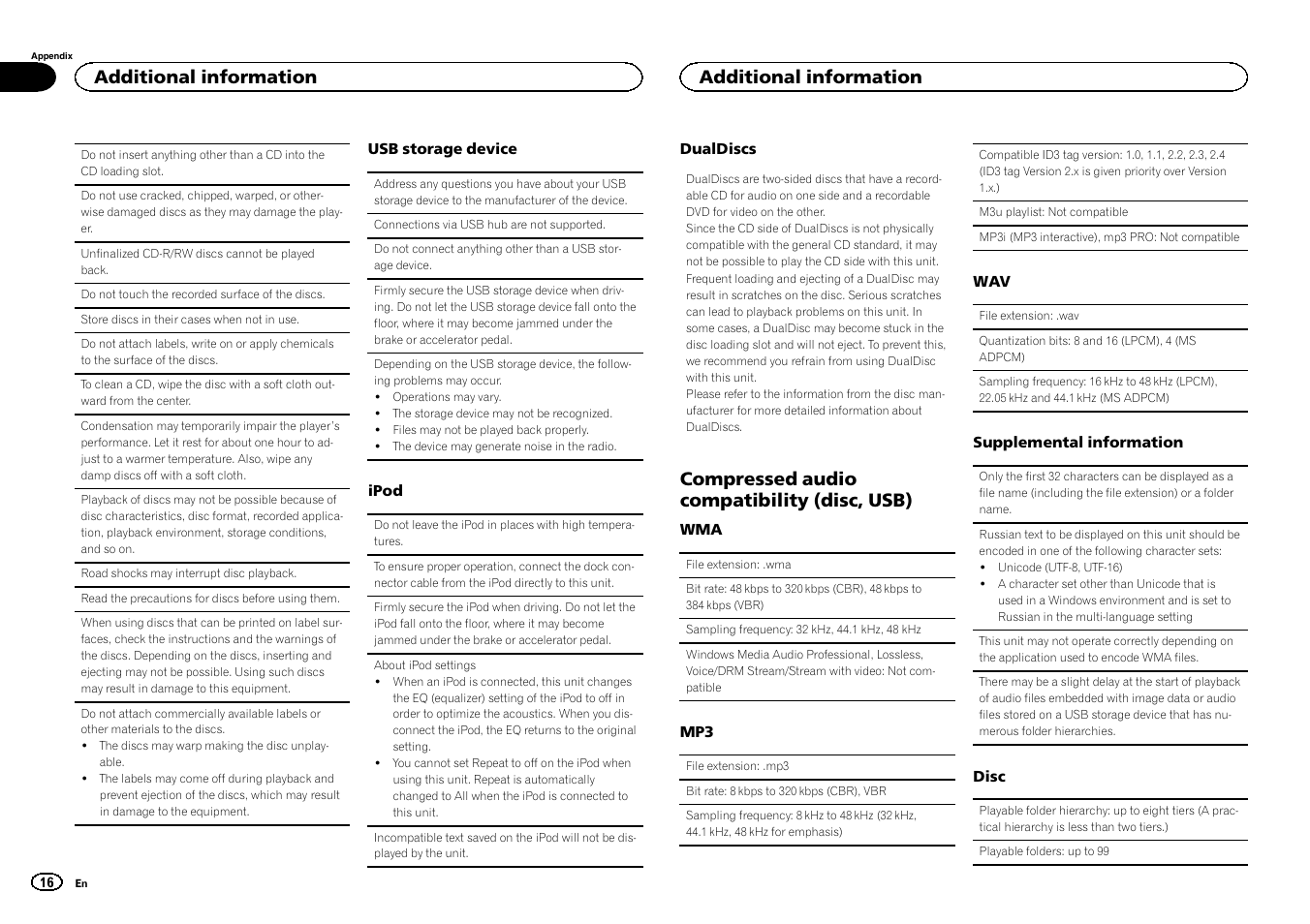 Compressed audio compatibility (disc, usb), Additional information | Pioneer DEH-X3500UI User Manual | Page 16 / 144