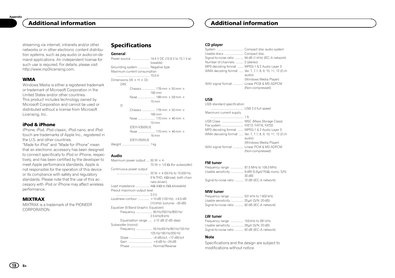 Specifications, Additional information | Pioneer DEH-X3500UI User Manual | Page 18 / 144