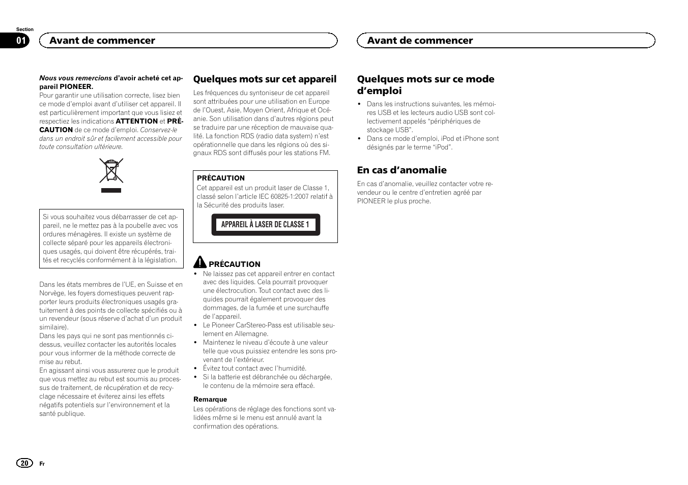 Français, Quelques mots sur cet appareil, Quelques mots sur ce mode d ’emploi | En cas d ’anomalie, Avant de commencer | Pioneer DEH-X3500UI User Manual | Page 20 / 144