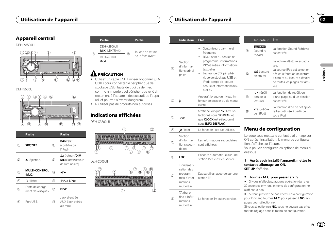 Appareil central, Indications affichées, Menu de configuration | Utilisation de l ’appareil | Pioneer DEH-X3500UI User Manual | Page 21 / 144