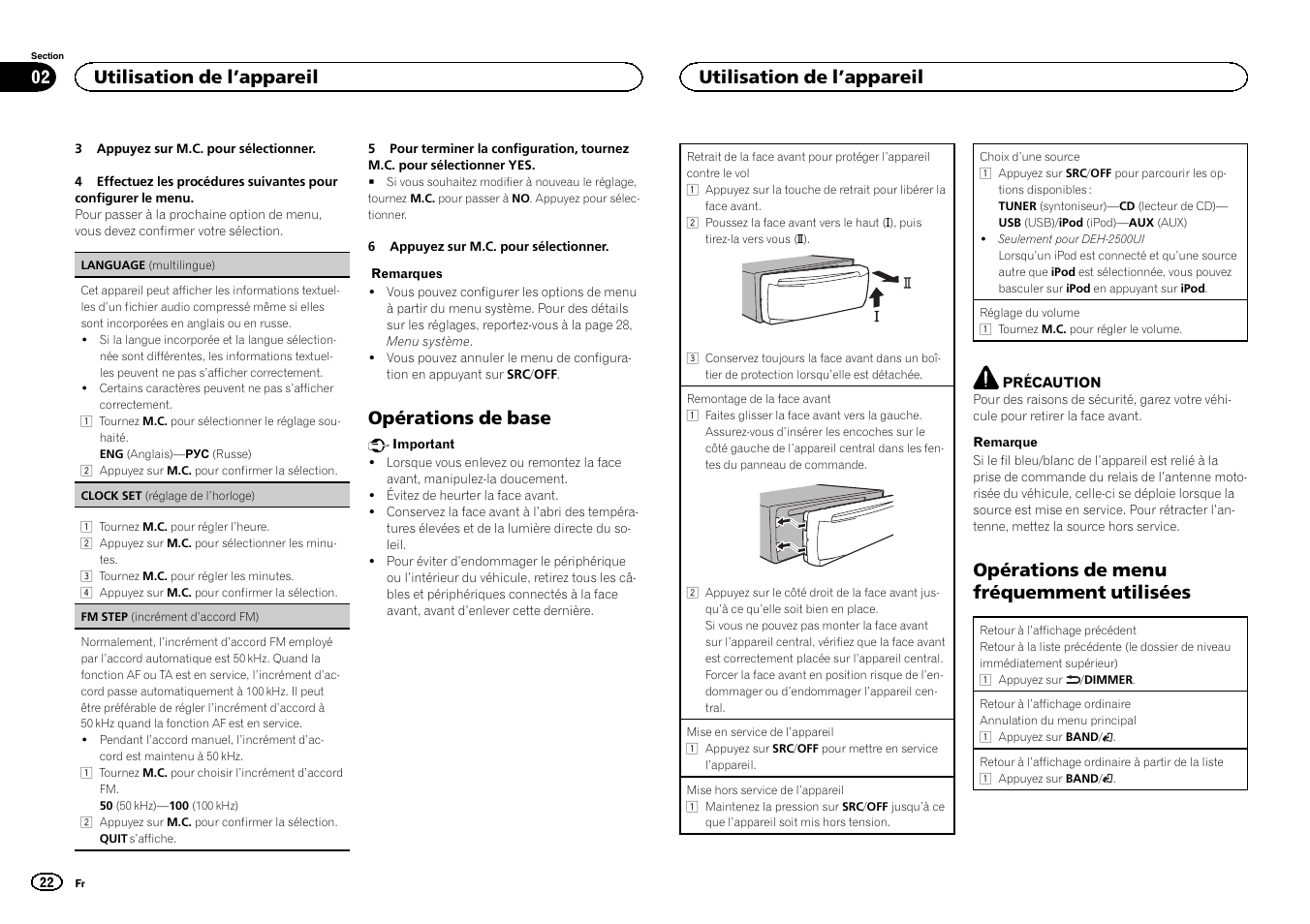 Opérations de base, Opérations de menu fréquemment utilisées, Utilisation de l ’appareil | Pioneer DEH-X3500UI User Manual | Page 22 / 144