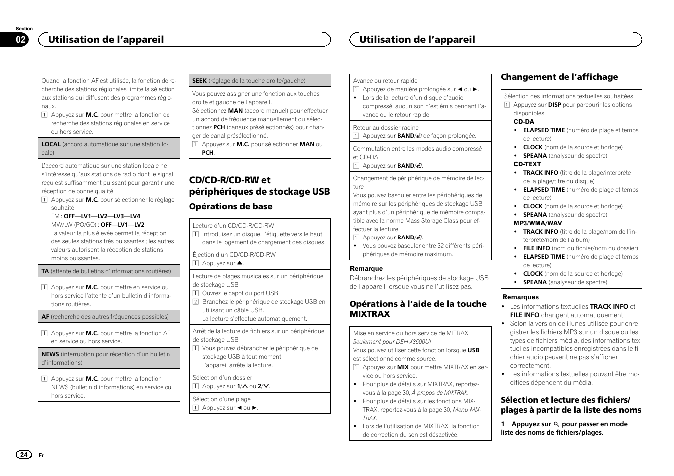 Seek (réglage de la touche droite/gau, Che), Af (re | Cherche des autres fréquences possibles), Cd/cd-r/cd-rw et périphériques de stockage usb, Utilisation de l ’appareil | Pioneer DEH-X3500UI User Manual | Page 24 / 144