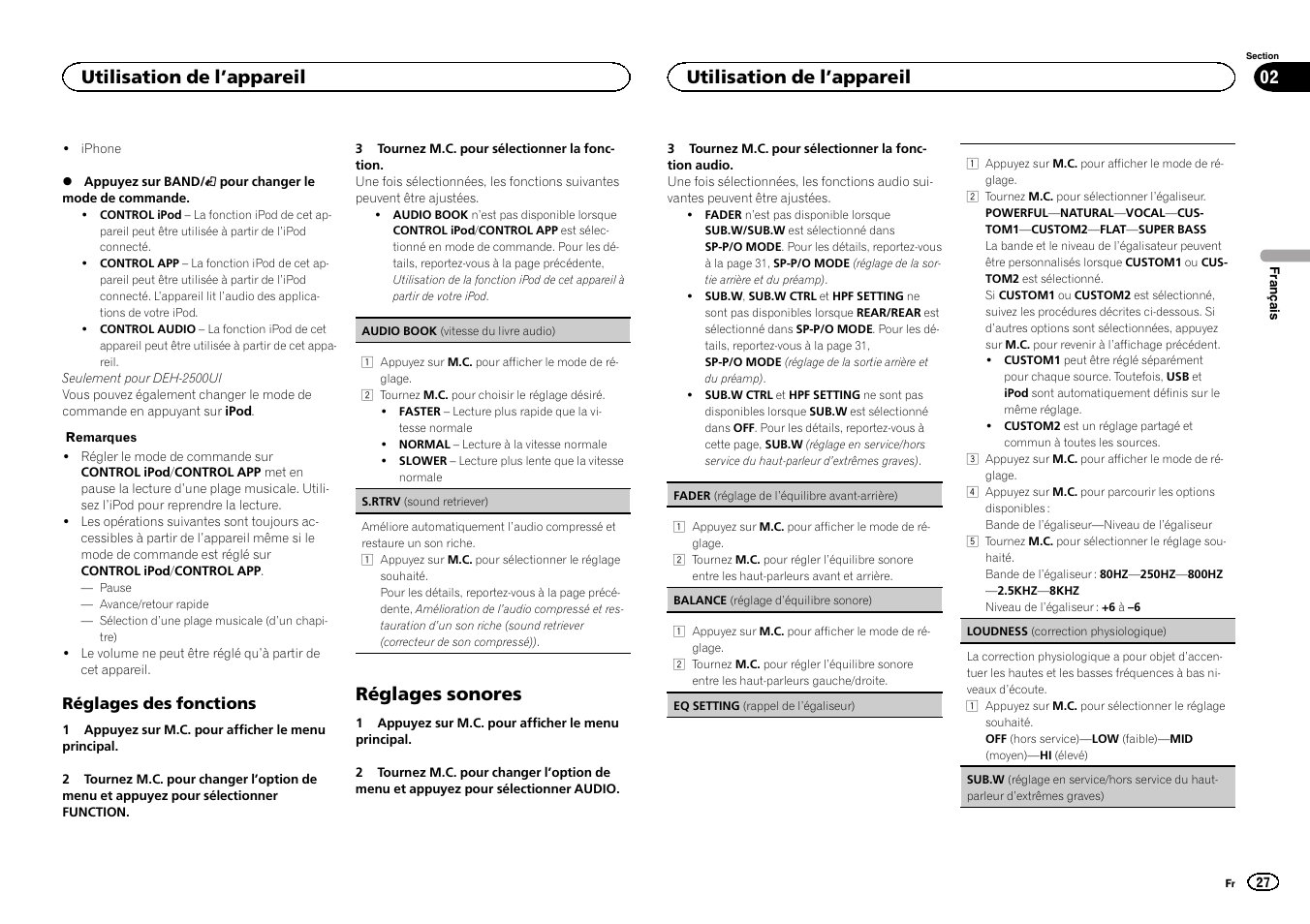 Réglages sonores, Utilisation de l ’appareil | Pioneer DEH-X3500UI User Manual | Page 27 / 144