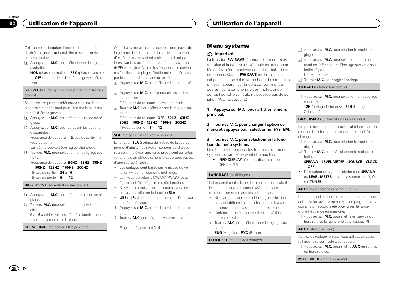 Menu système, Utilisation de l ’appareil | Pioneer DEH-X3500UI User Manual | Page 28 / 144