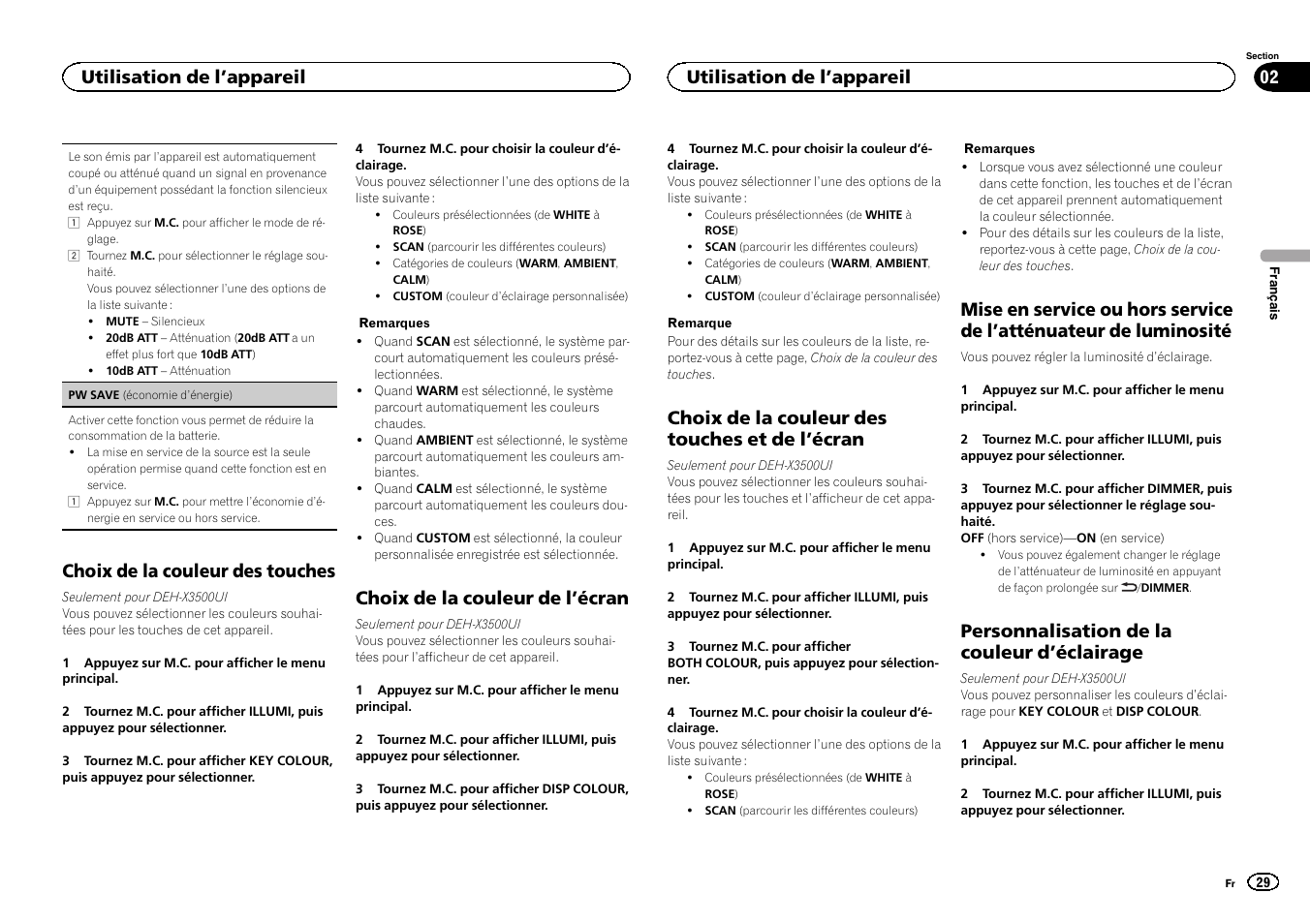 Choix de la couleur des touches, Choix de la couleur de l ’écran, Choix de la couleur des touches et de l ’écran | Personnalisation de la couleur d ’éclairage, Utilisation de l ’appareil | Pioneer DEH-X3500UI User Manual | Page 29 / 144