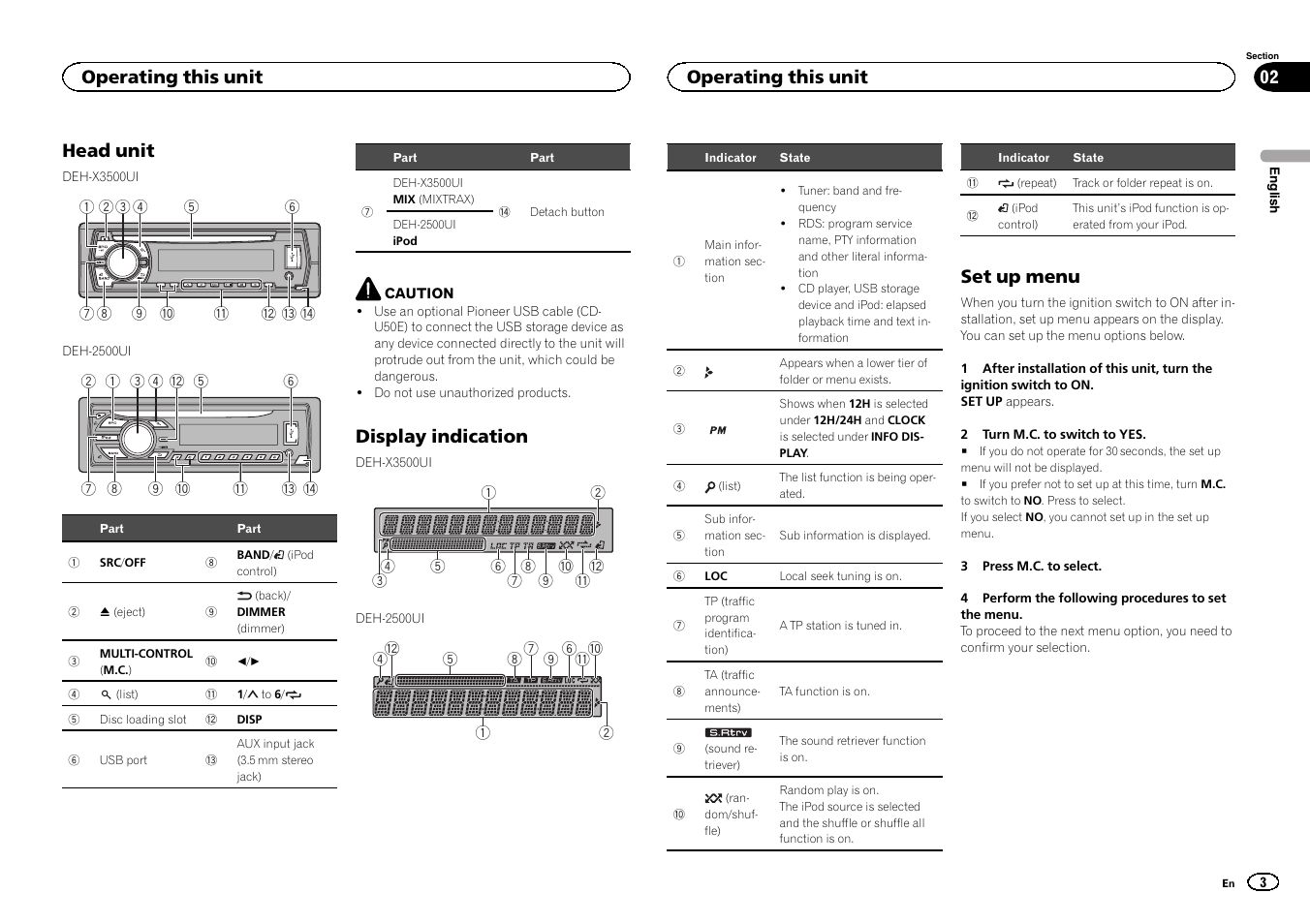 Head unit, Display indication, Set up menu | Operating this unit | Pioneer DEH-X3500UI User Manual | Page 3 / 144