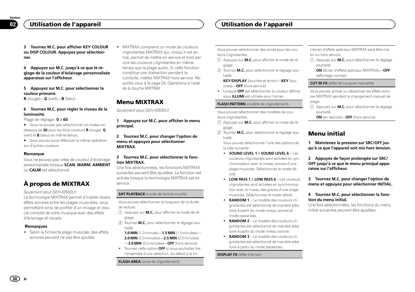 À propos de mixtrax, Menu mixtrax, Menu initial | Utilisation de l ’appareil | Pioneer DEH-X3500UI User Manual | Page 30 / 144