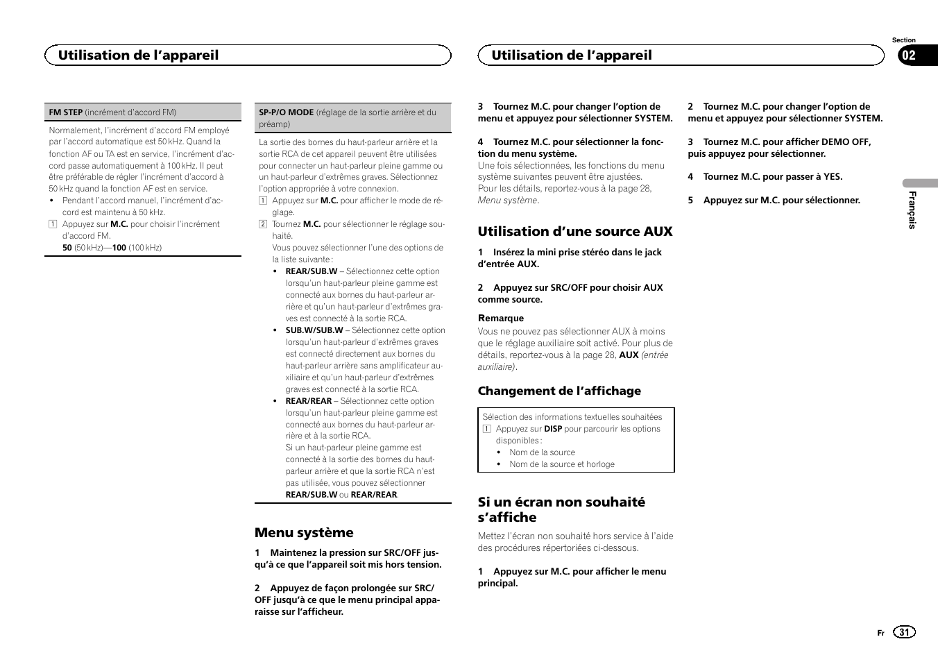 Sp-p/o mode (réglage de la sor, Tie arrière et du préamp), Menu système | Utilisation d ’une source aux, Si un écran non souhaité s ’affiche, Utilisation de l ’appareil | Pioneer DEH-X3500UI User Manual | Page 31 / 144