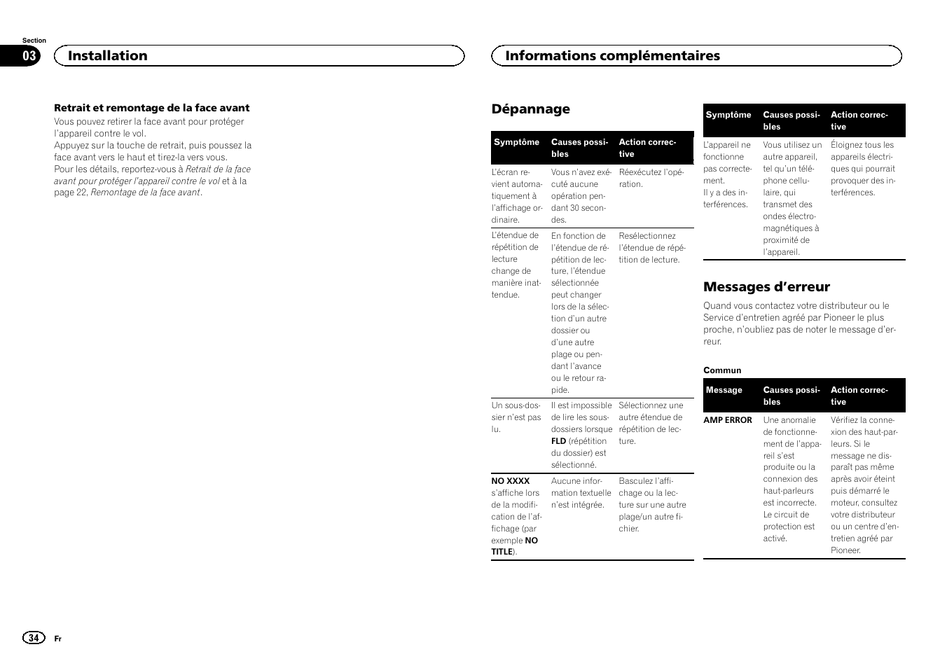 Dépannage, Messages d ’erreur, Installation | Informations complémentaires | Pioneer DEH-X3500UI User Manual | Page 34 / 144