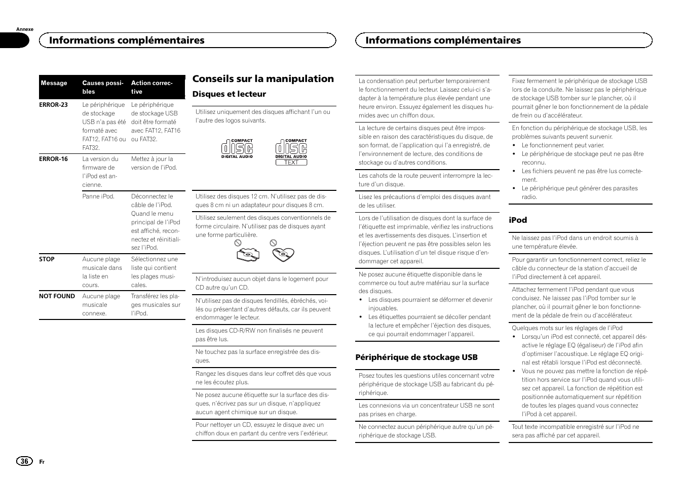 Conseils sur la manipulation, Informations complémentaires | Pioneer DEH-X3500UI User Manual | Page 36 / 144