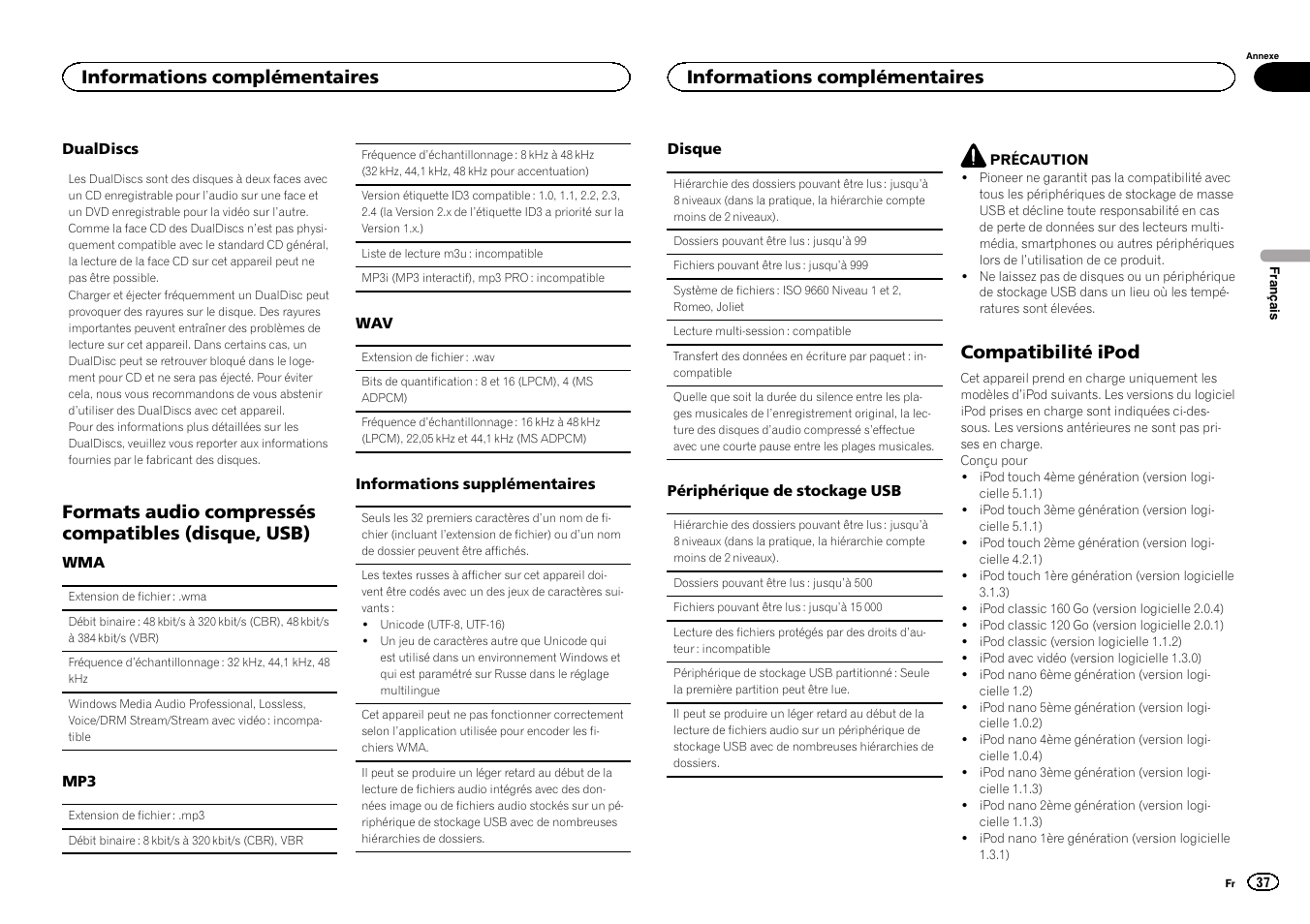 Formats audio compressés compatibles (disque, usb), Compatibilité ipod, Informations complémentaires | Pioneer DEH-X3500UI User Manual | Page 37 / 144