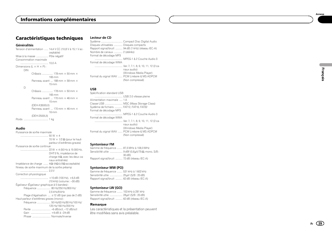 Caractéristiques techniques, Informations complémentaires | Pioneer DEH-X3500UI User Manual | Page 39 / 144
