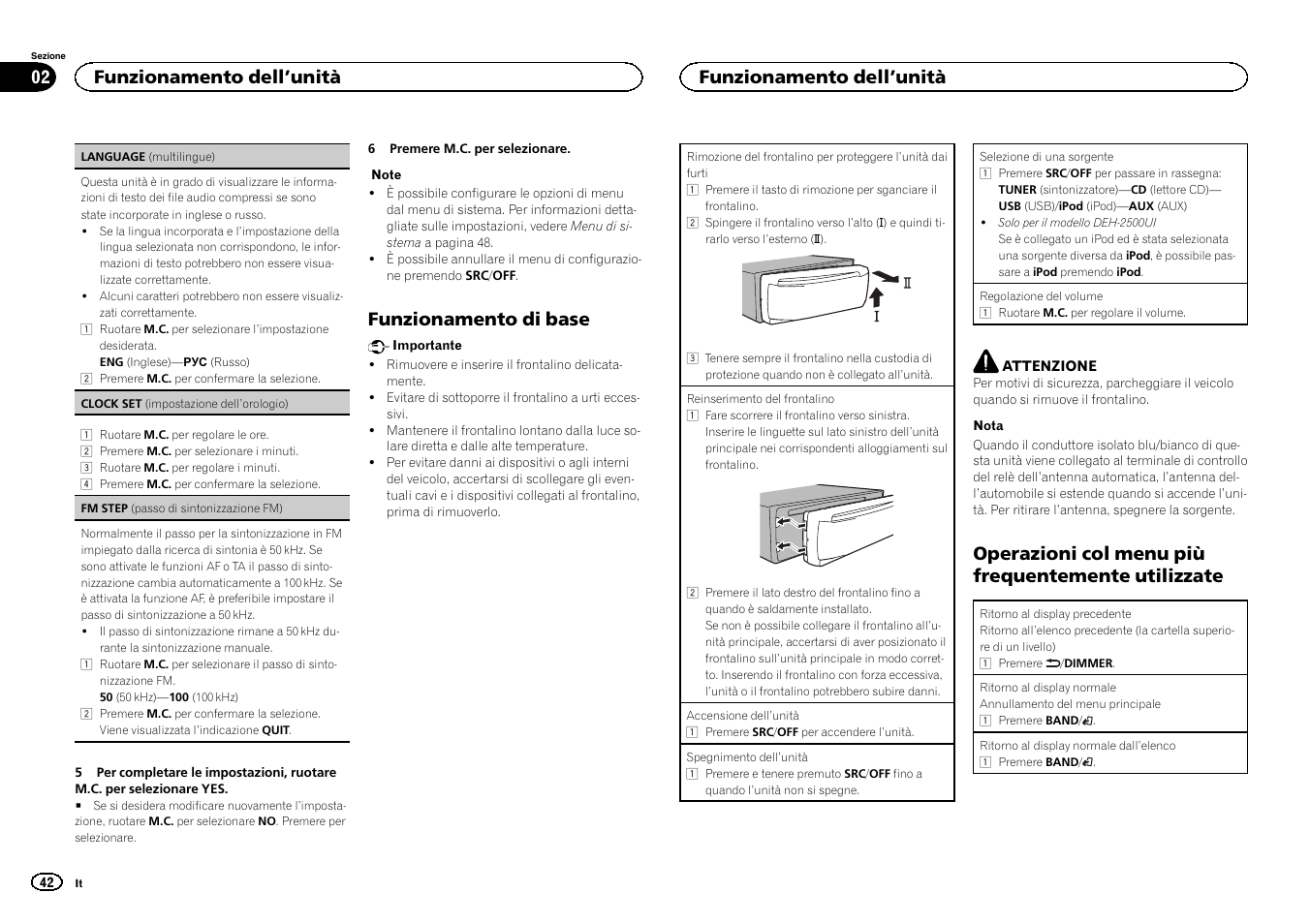 Funzionamento di base, Operazioni col menu più frequentemente utilizzate, Funzionamento dell ’unità | Pioneer DEH-X3500UI User Manual | Page 42 / 144