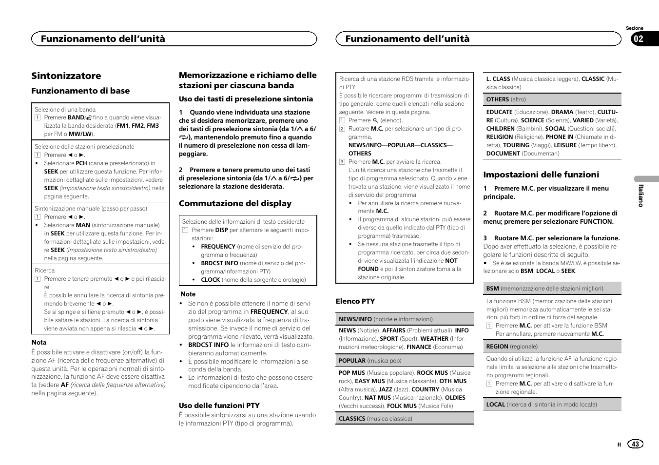Sintonizzatore, Funzionamento dell ’unità | Pioneer DEH-X3500UI User Manual | Page 43 / 144