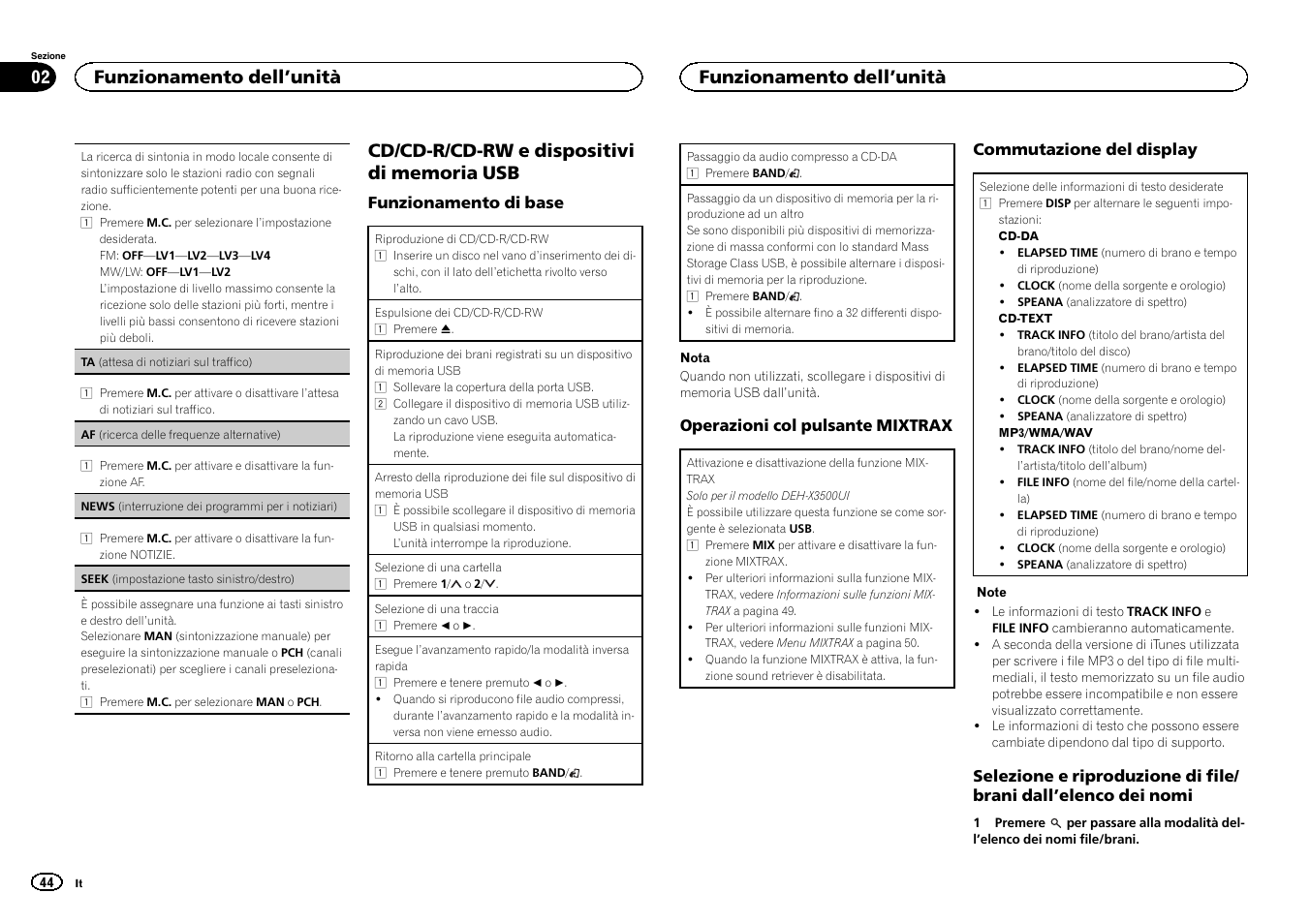 Seek (impostazione tasto sinistro/destro), Af (ricerca delle frequenze alternative), Funzionamento dell ’unità | Pioneer DEH-X3500UI User Manual | Page 44 / 144