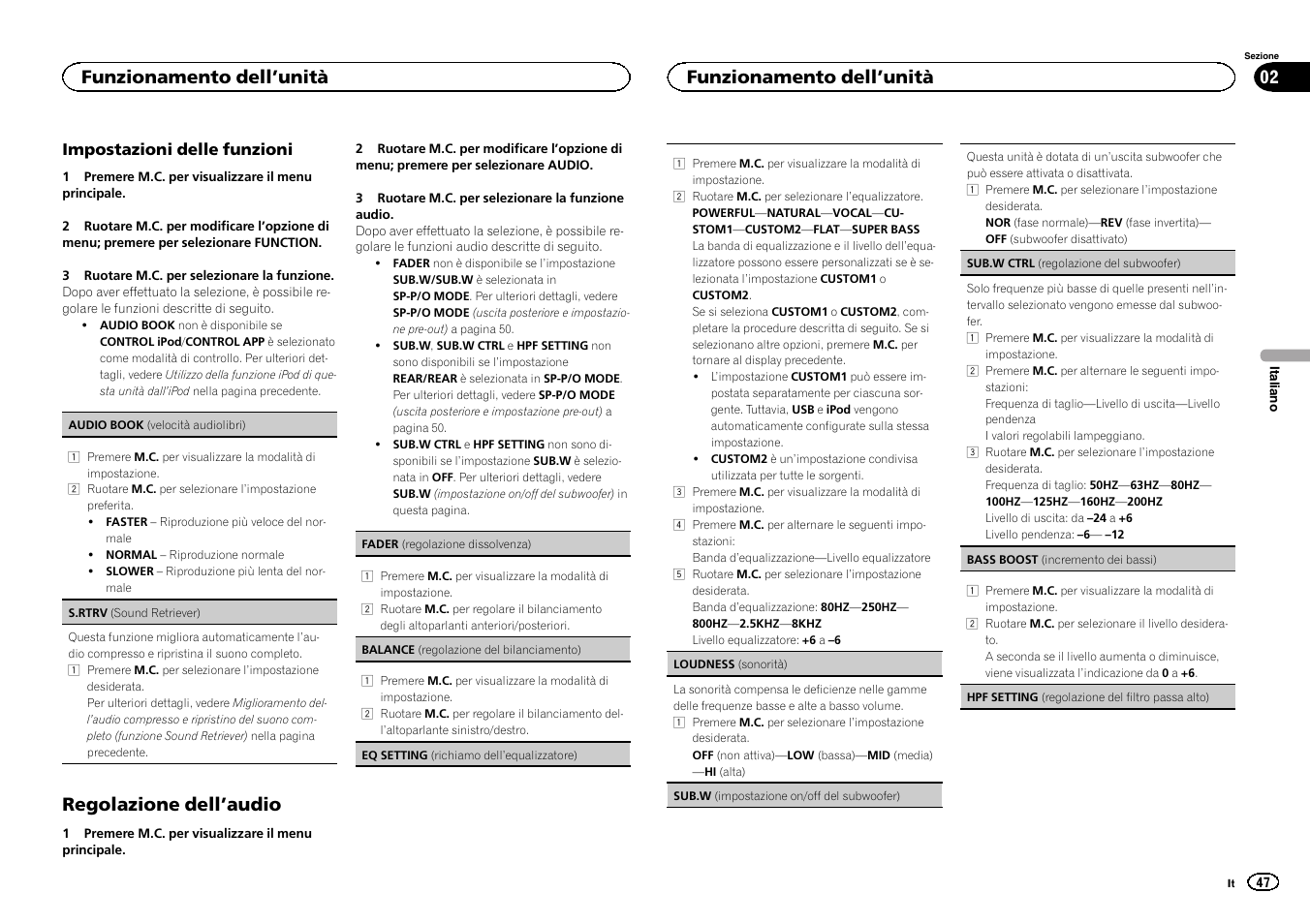 Regolazione dell ’audio, Funzionamento dell ’unità | Pioneer DEH-X3500UI User Manual | Page 47 / 144